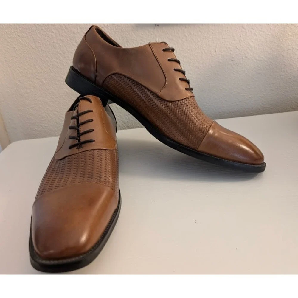 Kenneth Cole Ticket-S Oxford Shoes Mens 12M Cognac‎ Brown Cap Toe Woven EUC